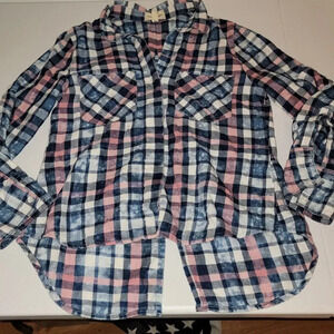 Cloth & Stone Womens Pink‎ Blue Distressed Look Soft Plaid Shirt Small